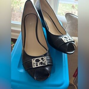 Coach Thea Wedge Heels Black Peep Toe with Silver Logo